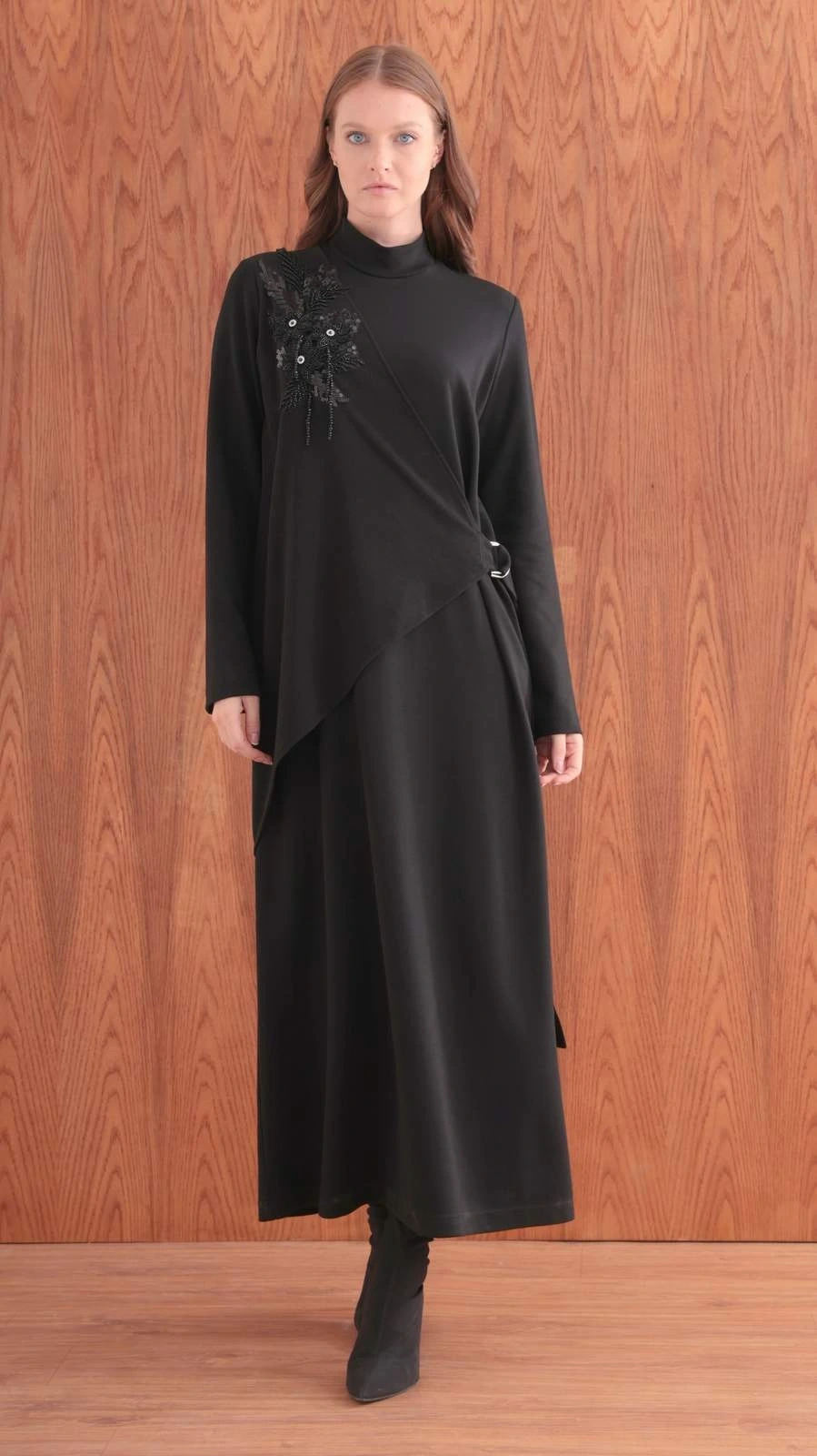 ŞARDONLU MODAL ELBİSE - Siyah