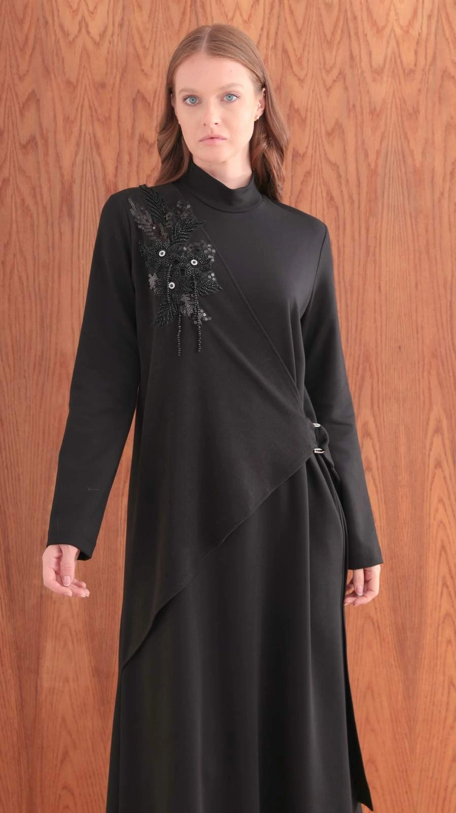 ŞARDONLU MODAL ELBİSE - Siyah