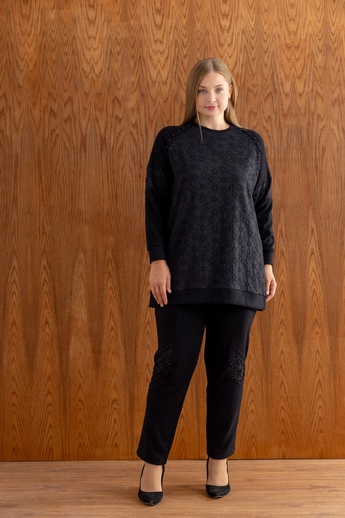 ŞARDONLU MODAL JAKAR TUNİK PANTOLON TAKIM - Siyah