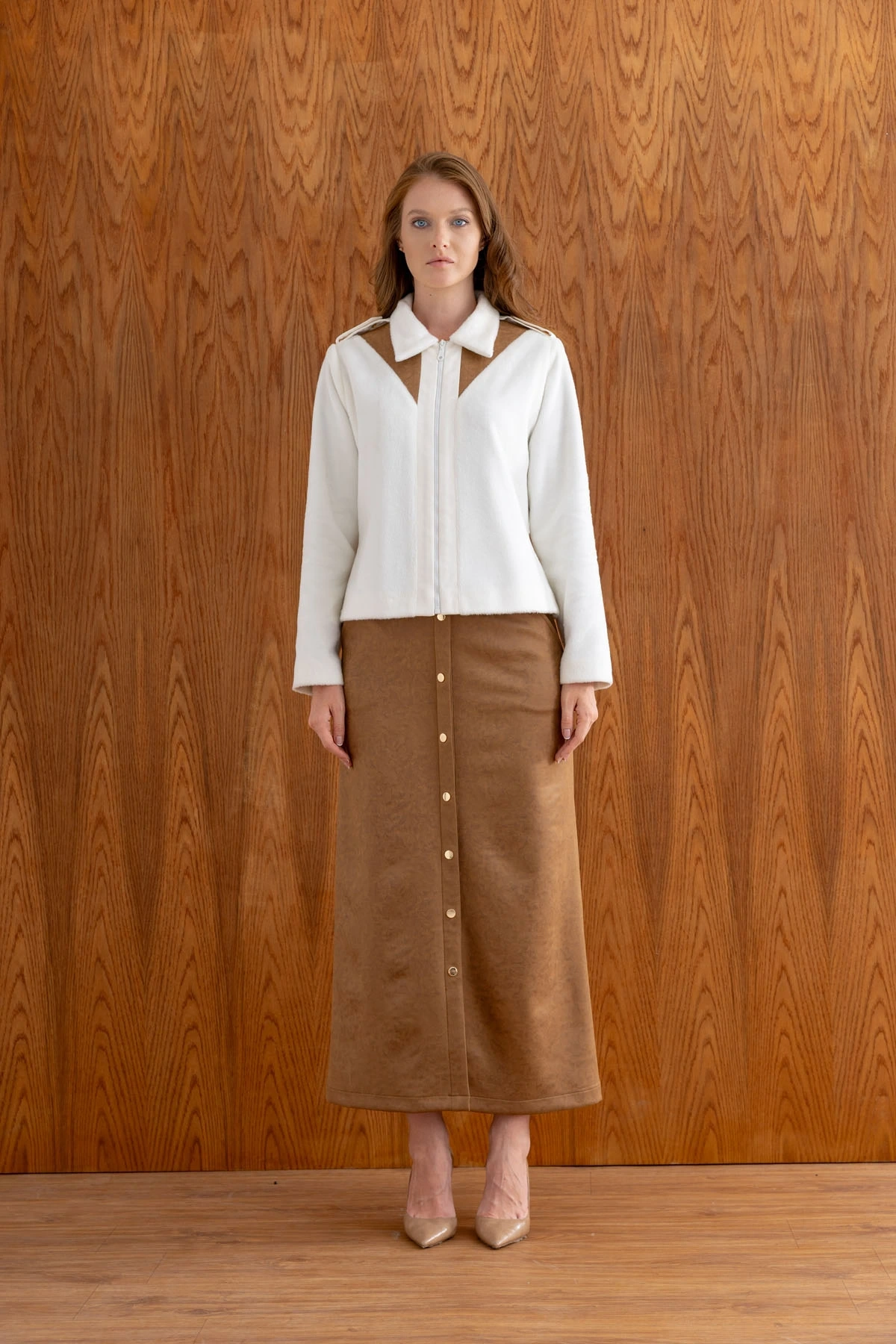 SÜET ETEK PELUŞ CEKET TAKIM - Kahverengi / Ekru