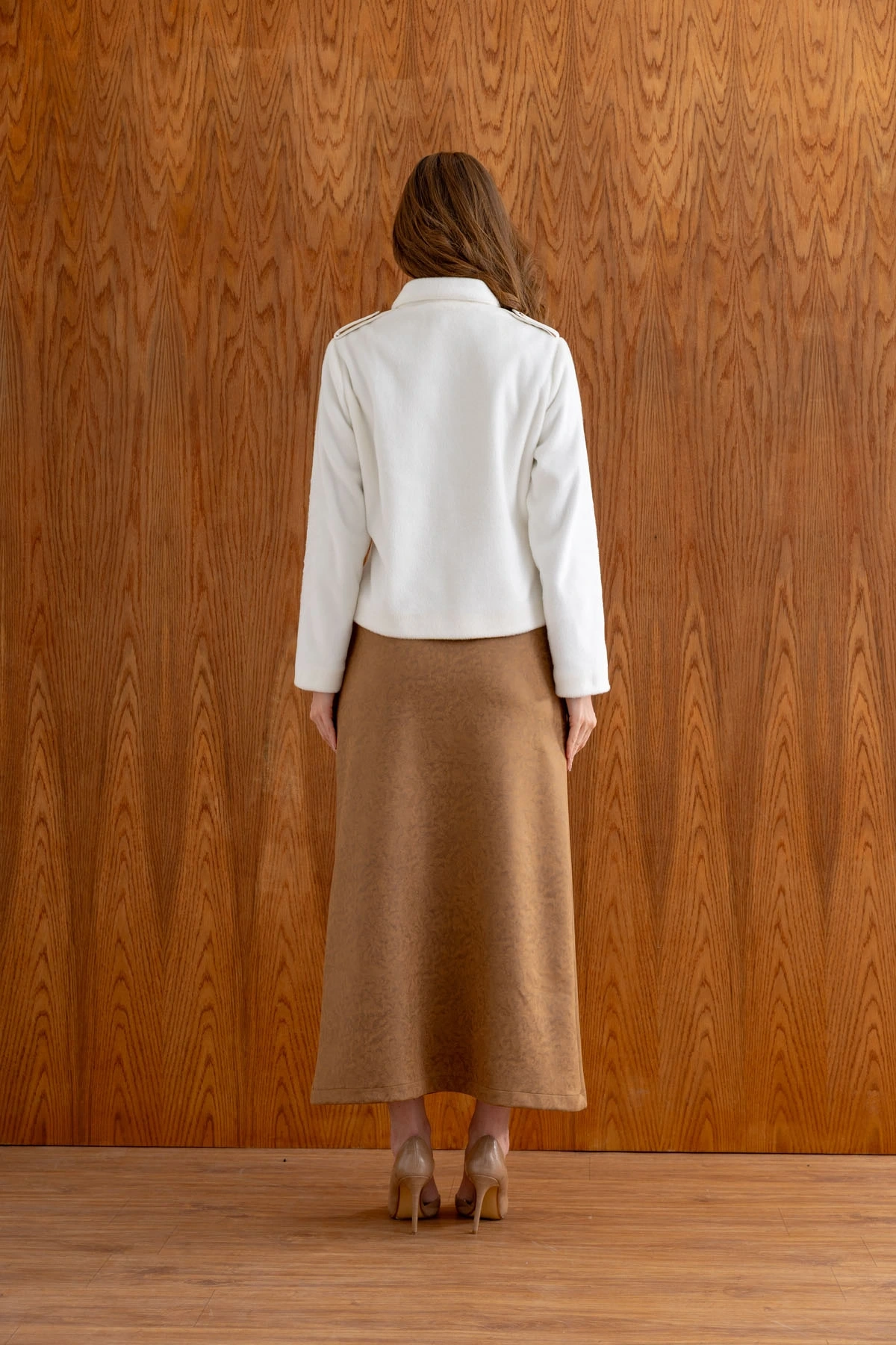 SÜET ETEK PELUŞ CEKET TAKIM - Kahverengi / Ekru