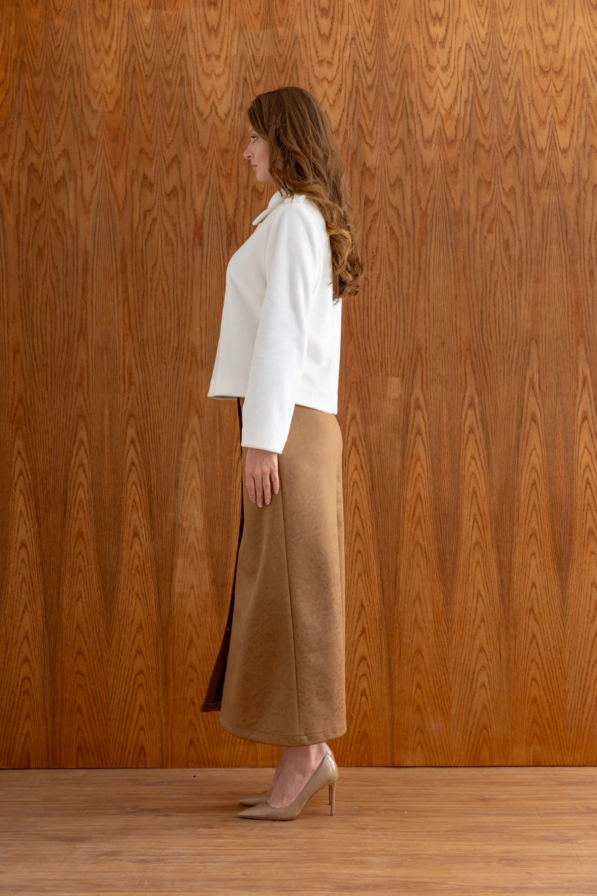 SÜET ETEK PELUŞ CEKET TAKIM - Kahverengi / Ekru