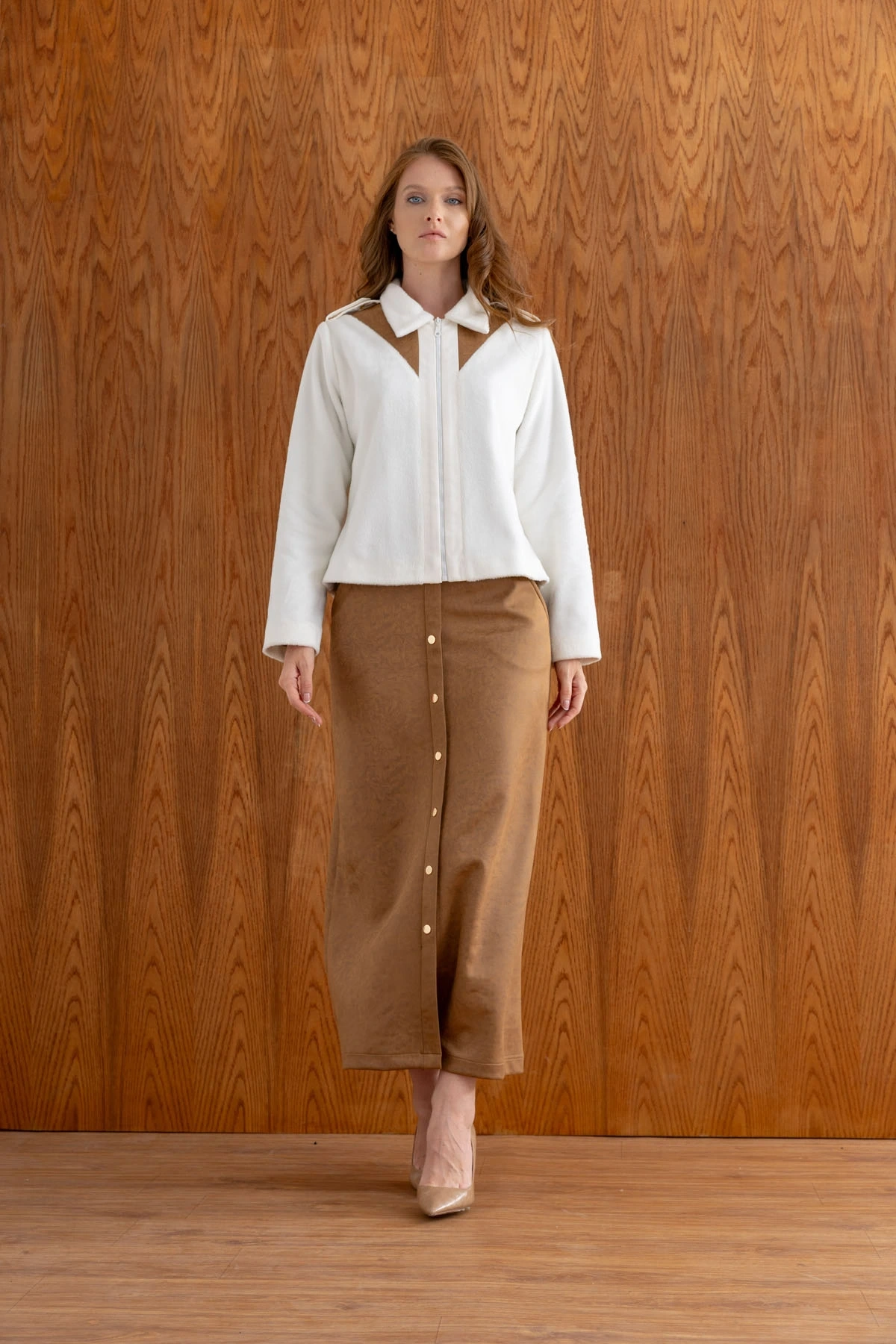 SÜET ETEK PELUŞ CEKET TAKIM - Kahverengi / Ekru