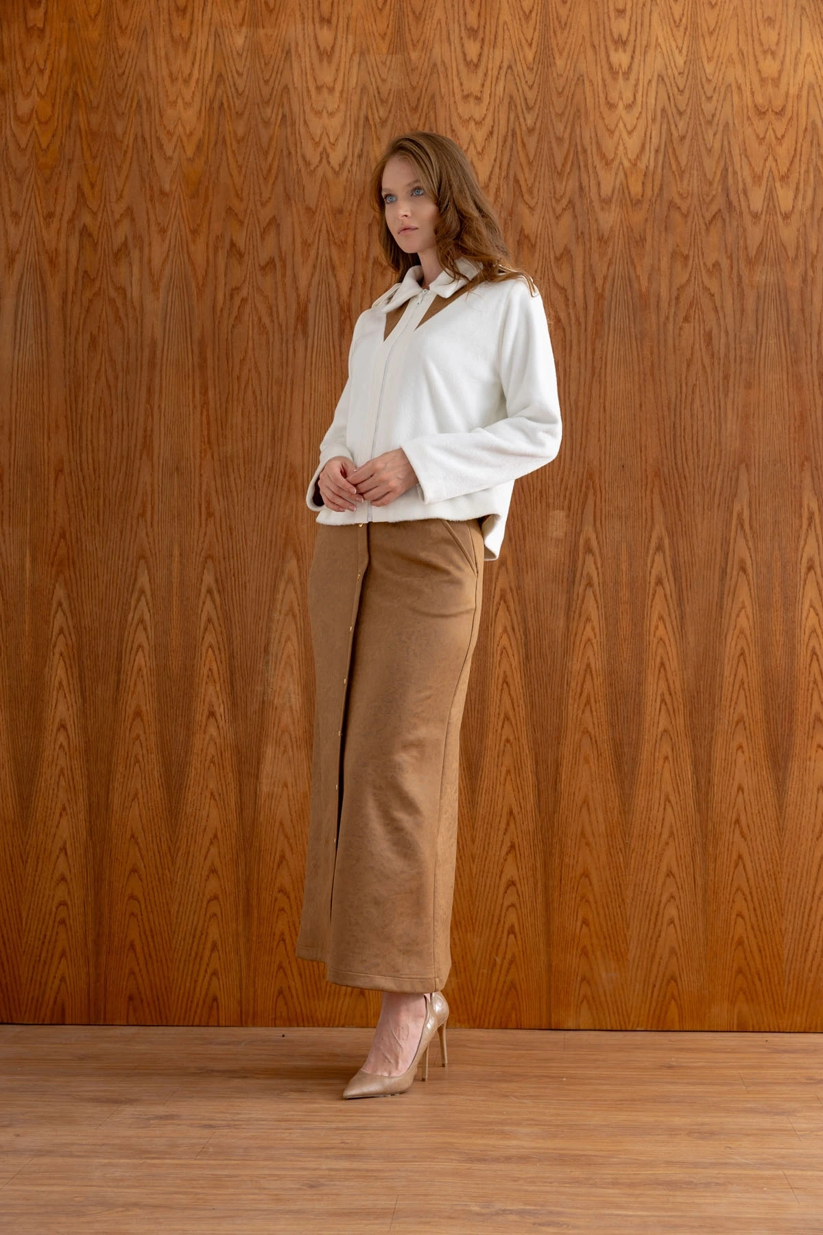 SÜET ETEK PELUŞ CEKET TAKIM - Kahverengi / Ekru