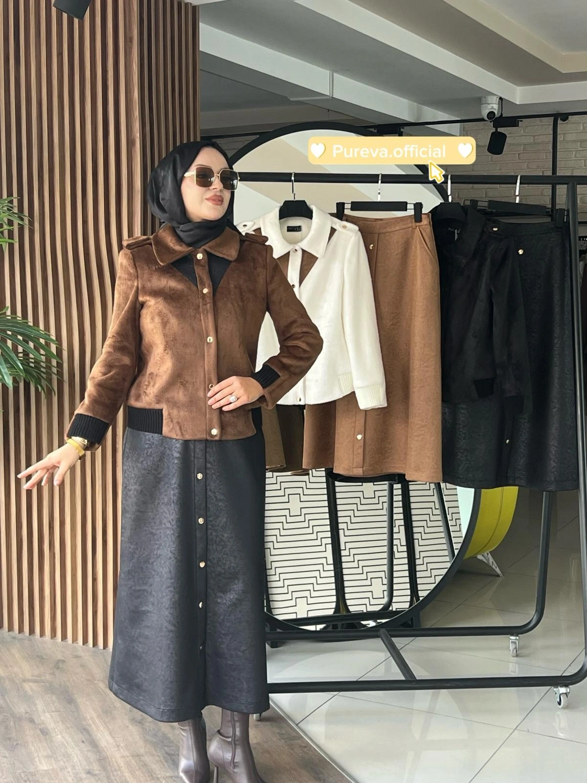 SÜET ETEK PELUŞ CEKET TAKIM - Siyah/Taba