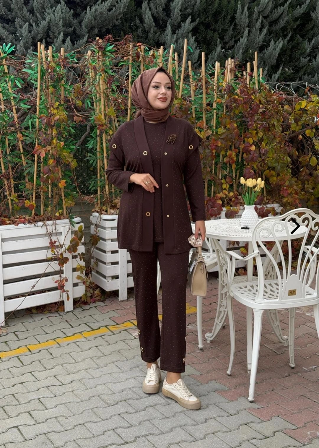 TAŞLI ÖRME PANTOLON TUNİK YELEK ÜÇLÜ TAKIM - Çikolata