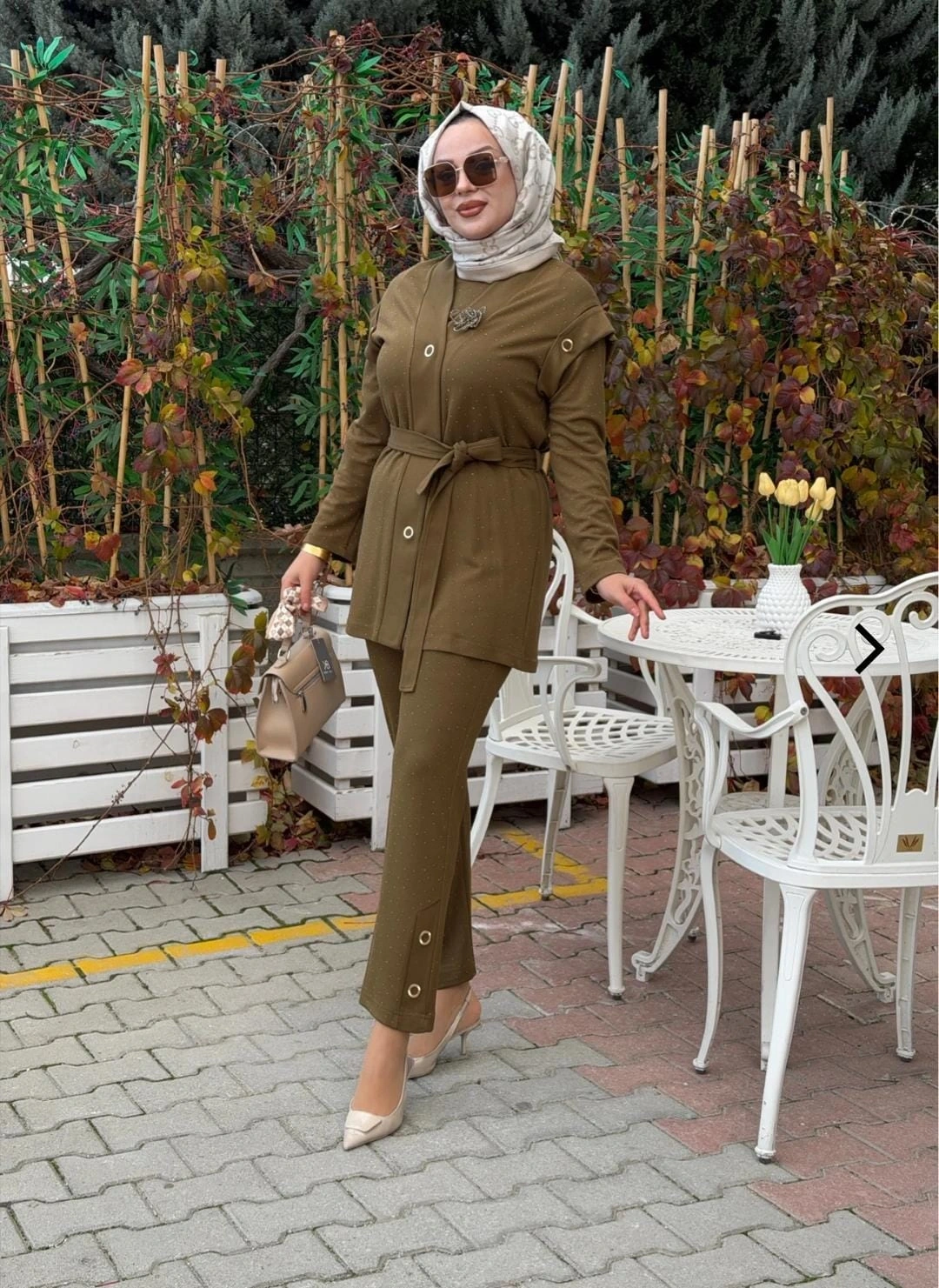 TAŞLI ÖRME PANTOLON TUNİK YELEK ÜÇLÜ TAKIM - Kekik