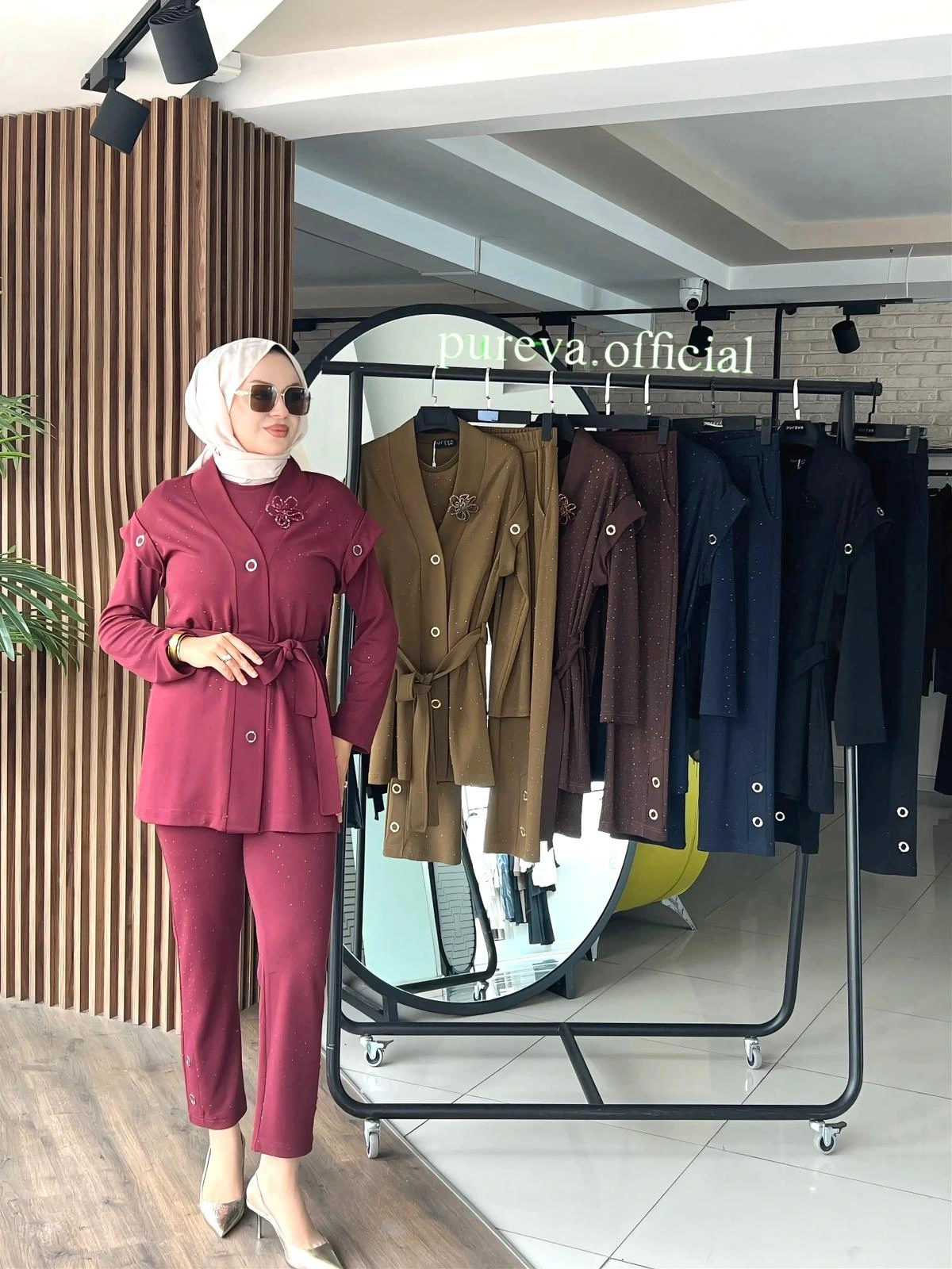 TAŞLI ÖRME PANTOLON TUNİK YELEK ÜÇLÜ TAKIM - Mürdüm