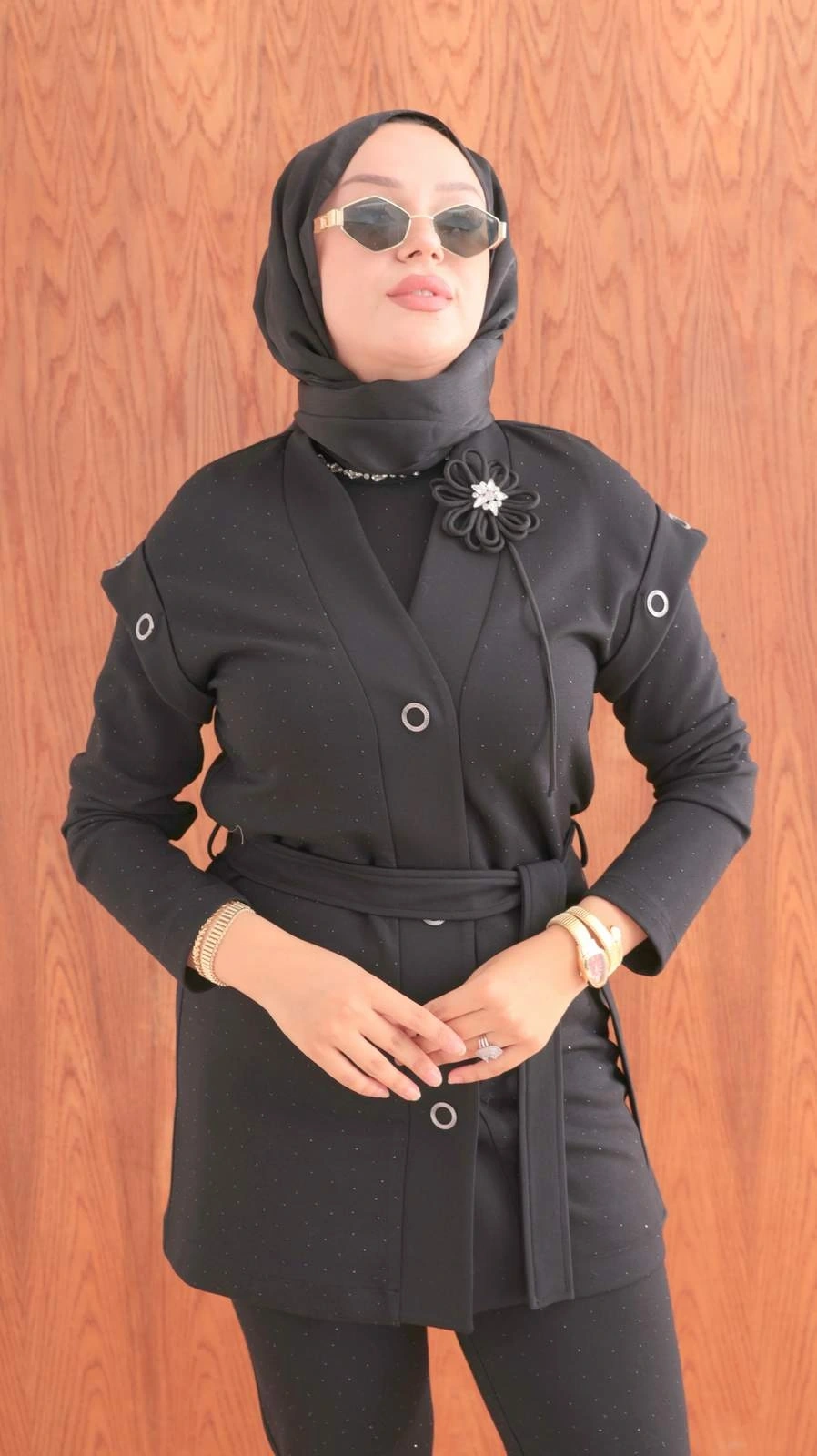 TAŞLI ÖRME PANTOLON TUNİK YELEK ÜÇLÜ TAKIM - Siyah