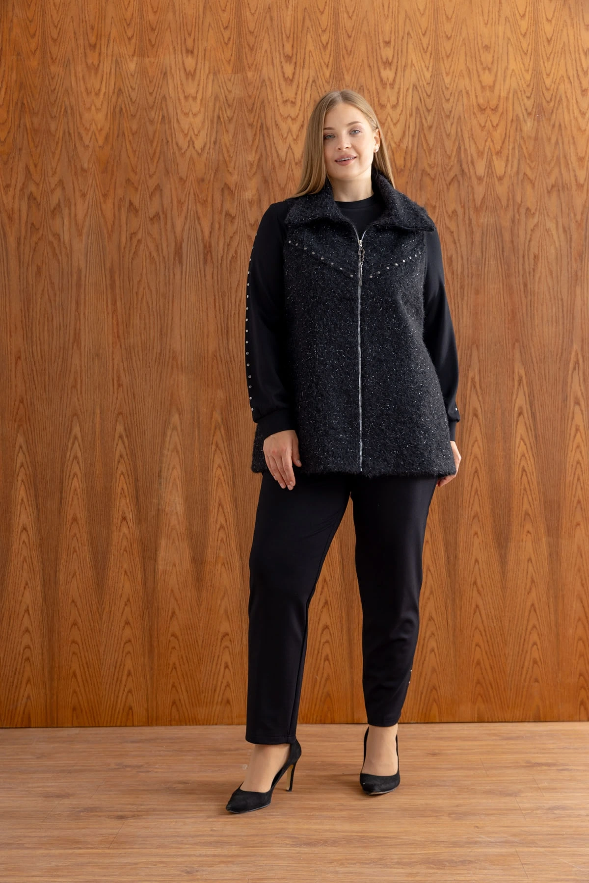 ZIMBALI YÜN YELEK & MODAL ÜÇLÜ TAKIM - Siyah