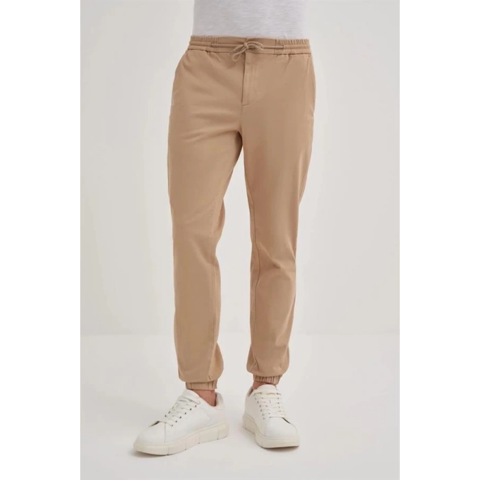 0004 Düğme Kapamalı Beli ve Paçası Lastikli Jogger Erkek Pantolon BEJ
