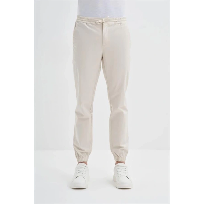 0004 Düğme Kapamalı Beli ve Paçası Lastikli Jogger Erkek Pantolon EKRU