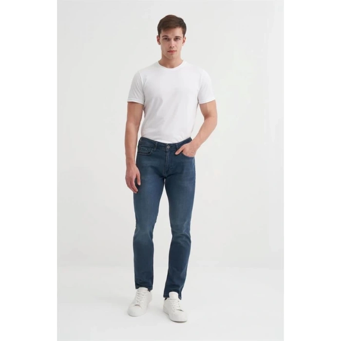 0756 Terry Boru Paça Normal Bel Slim Fit Erkek Kot Pantolon Lacivert
