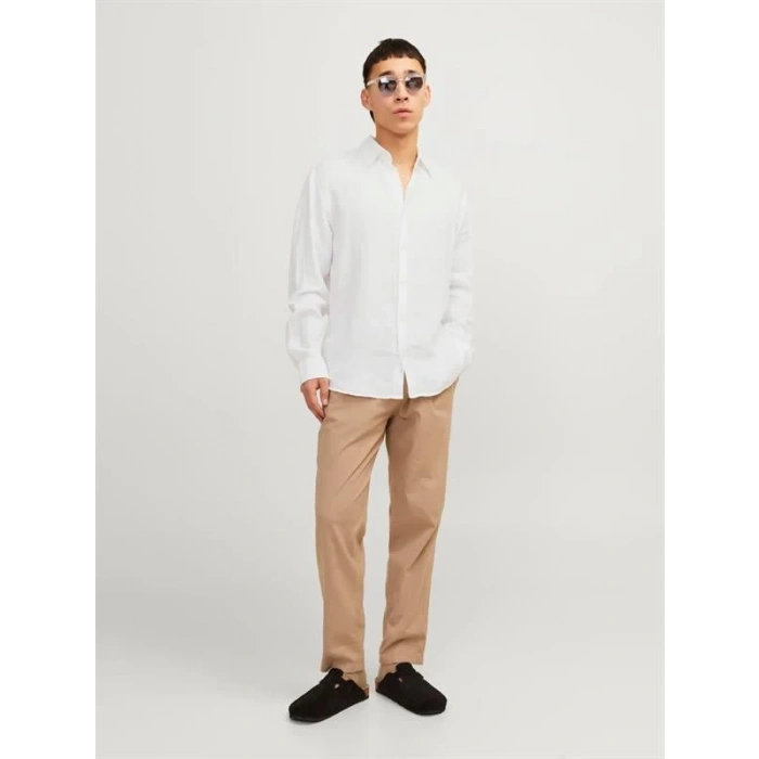 12273907 Keten Kumaş Uzun Kollu Erkek Gömlek Beyaz