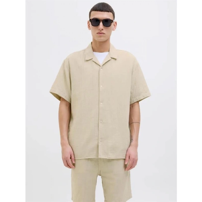 12274798 Müslin Kumaş Kısa Kollu Erkek Gömlek Bej