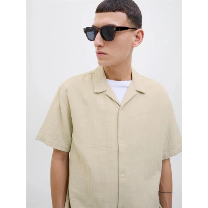 12274798 Müslin Kumaş Kısa Kollu Erkek Gömlek Bej