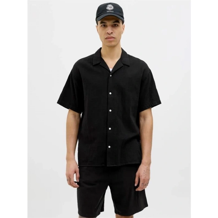 12274798 Müslin Kumaş Kısa Kollu Erkek Gömlek Siyah