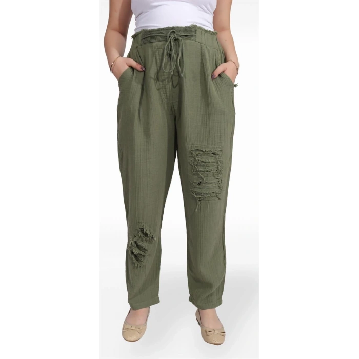 125001 Paçası Yırtmaçlı Püskül Detaylı Beli İpli Kadın Müslin Pantolon Haki