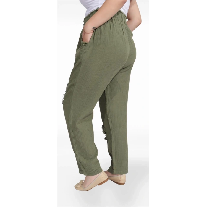 125001 Paçası Yırtmaçlı Püskül Detaylı Beli İpli Kadın Müslin Pantolon Haki