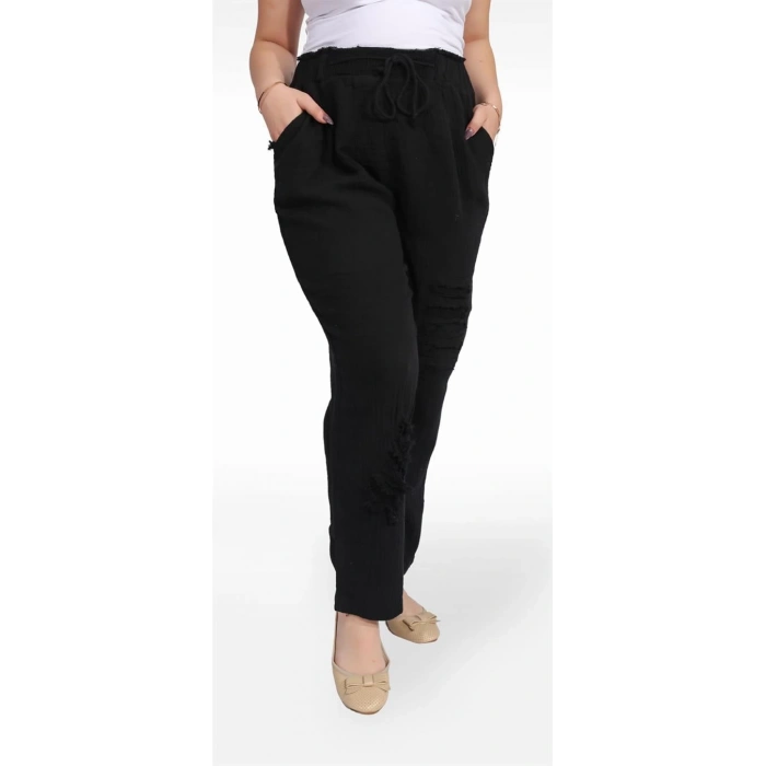 125001 Paçası Yırtmaçlı Püskül Detaylı Beli İpli Kadın Müslin Pantolon Siyah