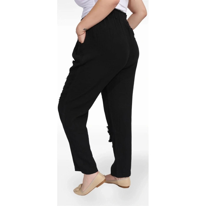 125001 Paçası Yırtmaçlı Püskül Detaylı Beli İpli Kadın Müslin Pantolon Siyah