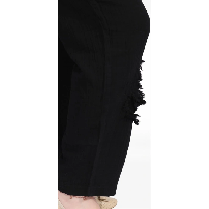 125001 Paçası Yırtmaçlı Püskül Detaylı Beli İpli Kadın Müslin Pantolon Siyah