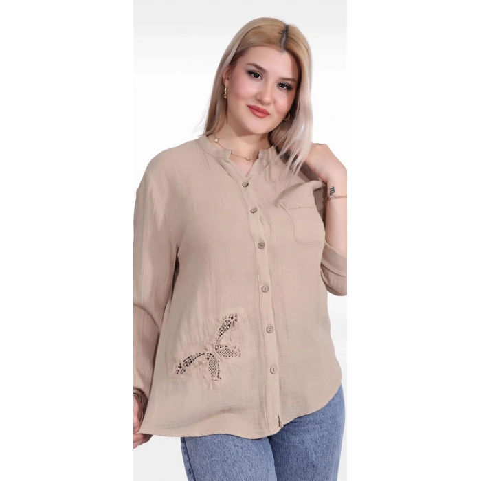 125005 Kolu Katlanabilir Hakim Yaka Kelebek Detaylı Müslin Kadın Gömlek Bej