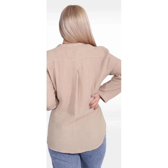 125005 Kolu Katlanabilir Hakim Yaka Kelebek Detaylı Müslin Kadın Gömlek Bej