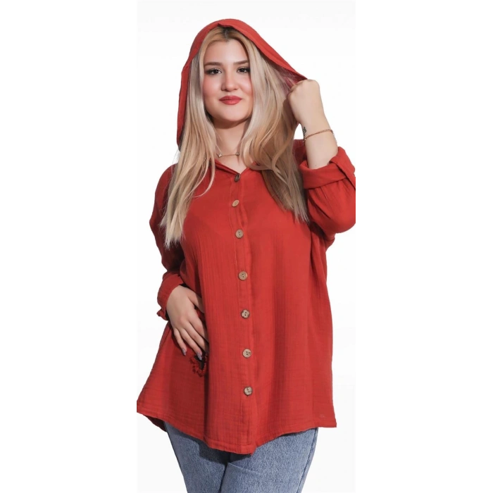 125006 Müslin Kumaş Kapşonlu Kadın Gömlek Kiremit