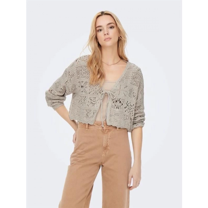 15257604 Ajurlu Triko Kadın Crop Hırka Bej