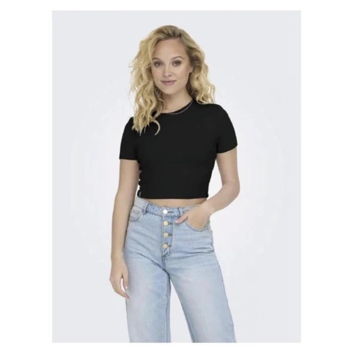 15311891 Likralı Fitilli Crop Kadın T-Shirt Siyah