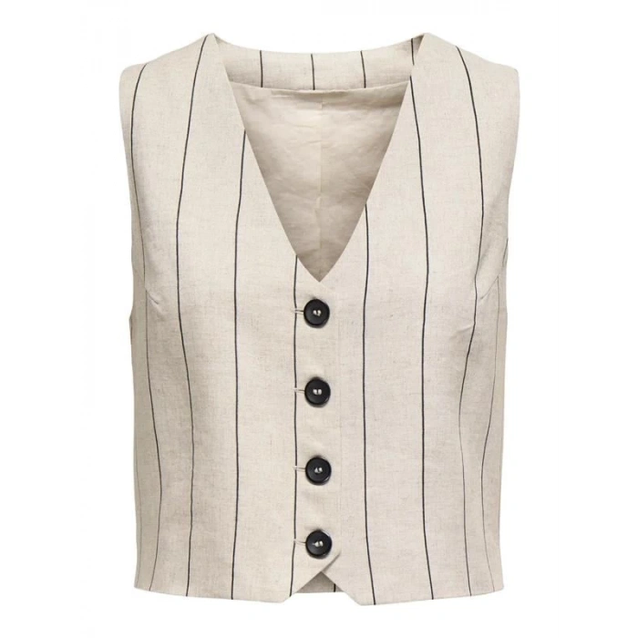 15344755 Kolsuz Keten Kadın Yelek Çizgili Bej