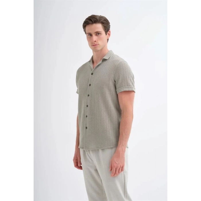 2002 Örme Apaş Yaka Kısa Kollu Erkek Gömlek Bej