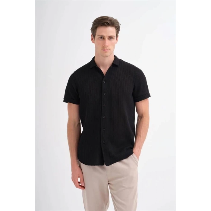 2002 Örme Apaş Yaka Kısa Kollu Erkek Gömlek Siyah