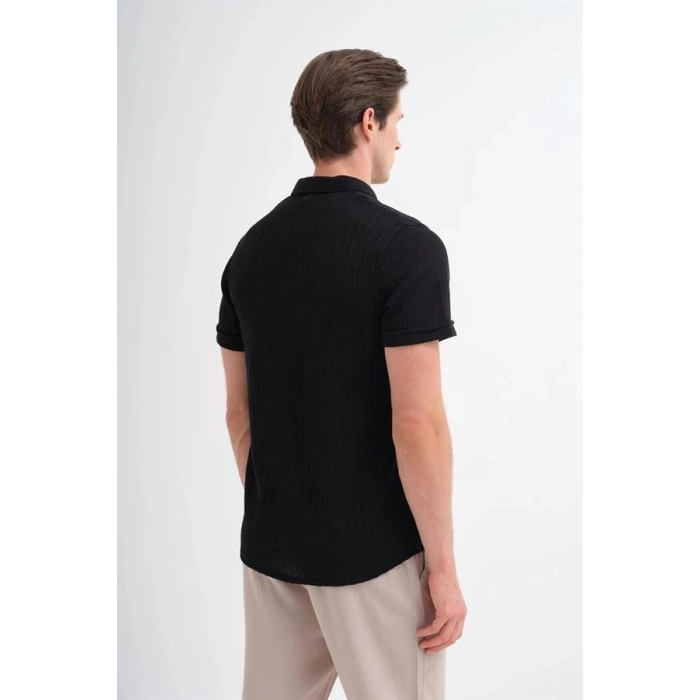 2002 Örme Apaş Yaka Kısa Kollu Erkek Gömlek Siyah