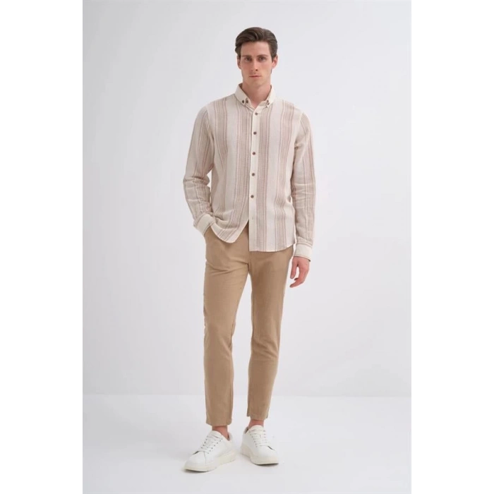 2007 Dik Çizgi Desenli Keten Uzun Kollu Erkek Gömlek Bej
