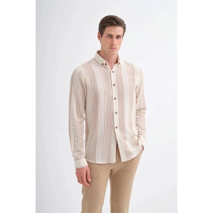 2007 Dik Çizgi Desenli Keten Uzun Kollu Erkek Gömlek Bej