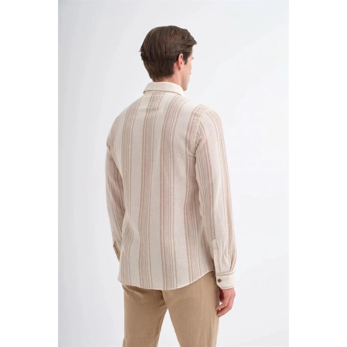 2007 Dik Çizgi Desenli Keten Uzun Kollu Erkek Gömlek Bej