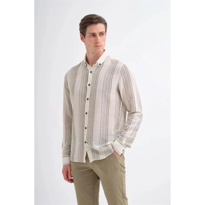 2007 Dik Çizgi Desenli Keten Uzun Kollu Erkek Gömlek Nefti