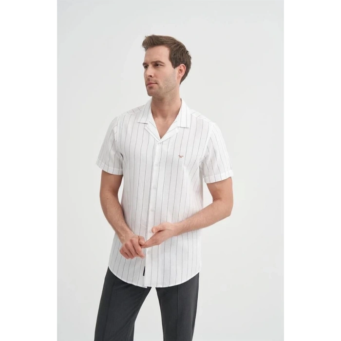2019 Regular Fit Keten Kısa Kollu Erkek Gömlek BEYAZ