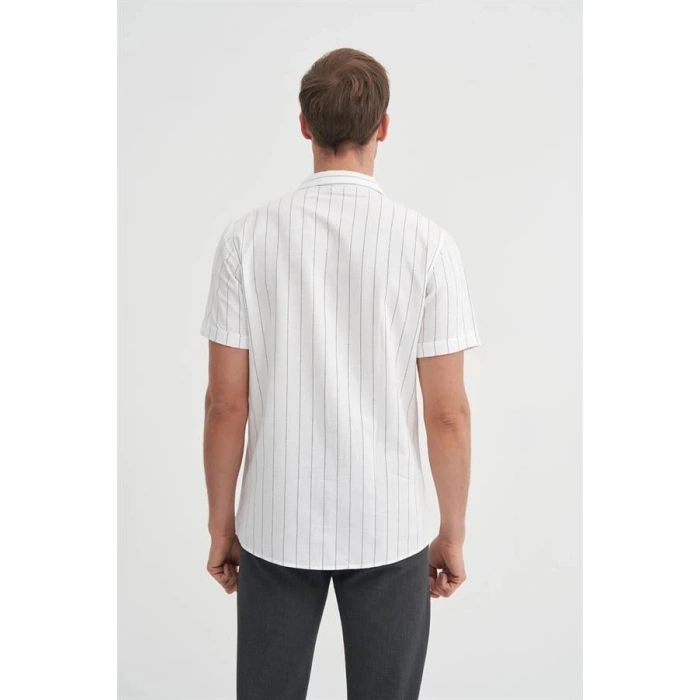 2019 Regular Fit Keten Kısa Kollu Erkek Gömlek BEYAZ