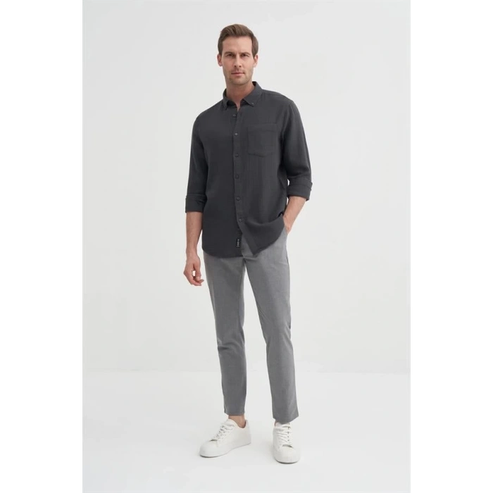 2024 Uzun Kollu Müslin Kumaş Erkek Gömlek Antrasit