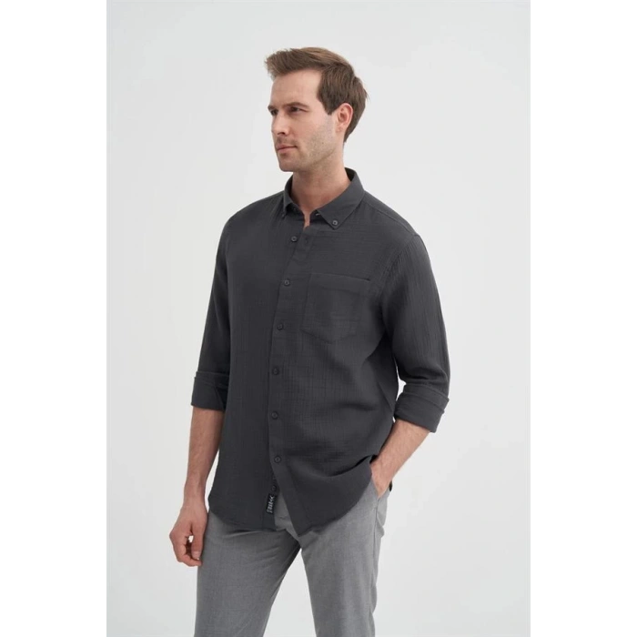 2024 Uzun Kollu Müslin Kumaş Erkek Gömlek Antrasit