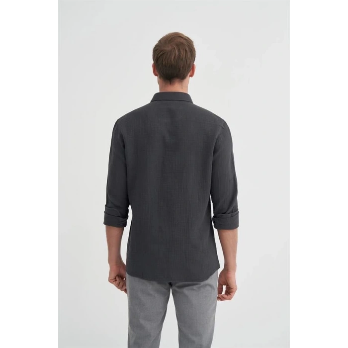 2024 Uzun Kollu Müslin Kumaş Erkek Gömlek Antrasit