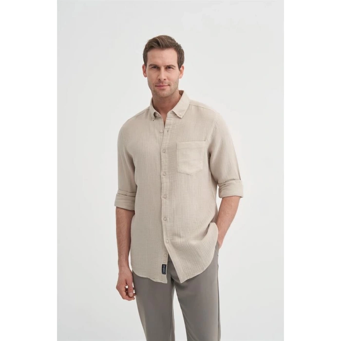 2024 Uzun Kollu Müslin Kumaş Erkek Gömlek Bej