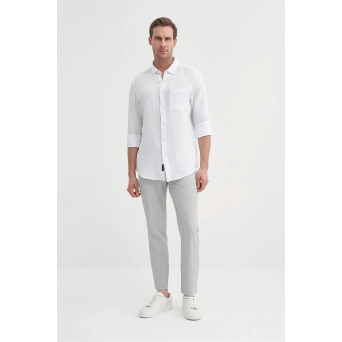 2024 Uzun Kollu Müslin Kumaş Erkek Gömlek Beyaz