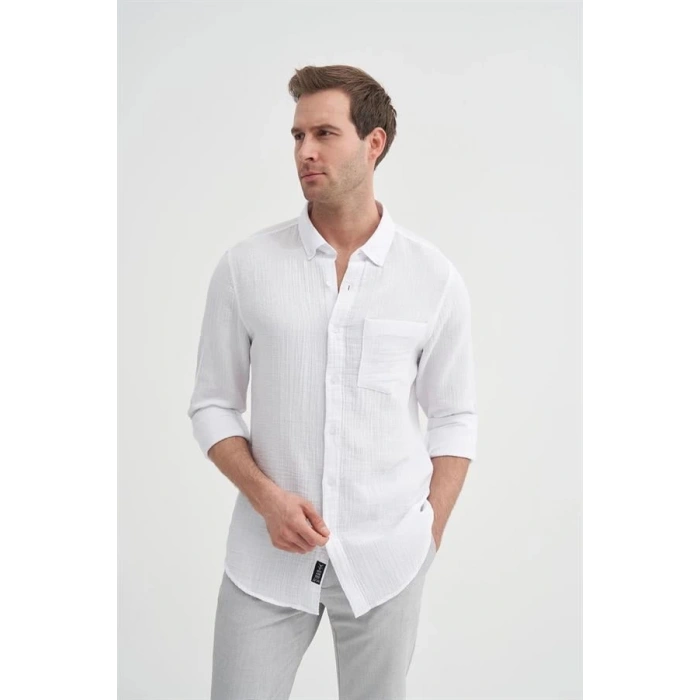 2024 Uzun Kollu Müslin Kumaş Erkek Gömlek Beyaz