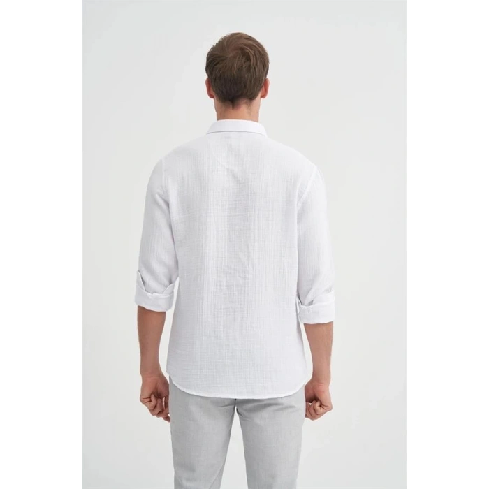 2024 Uzun Kollu Müslin Kumaş Erkek Gömlek Beyaz