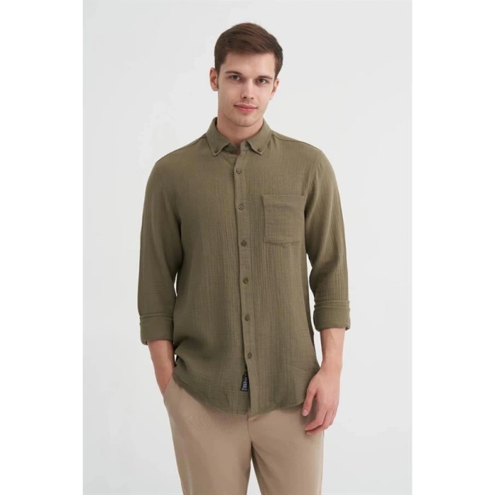 2024 Uzun Kollu Müslin Kumaş Erkek Gömlek Haki