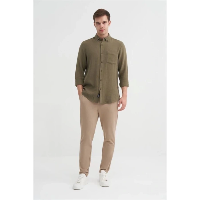 2024 Uzun Kollu Müslin Kumaş Erkek Gömlek Haki
